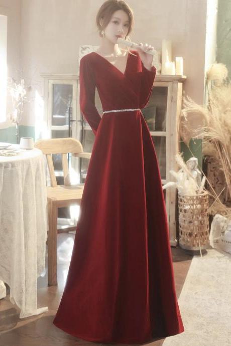 Elegant v neck velvet long prom dress long sleeve evening gown