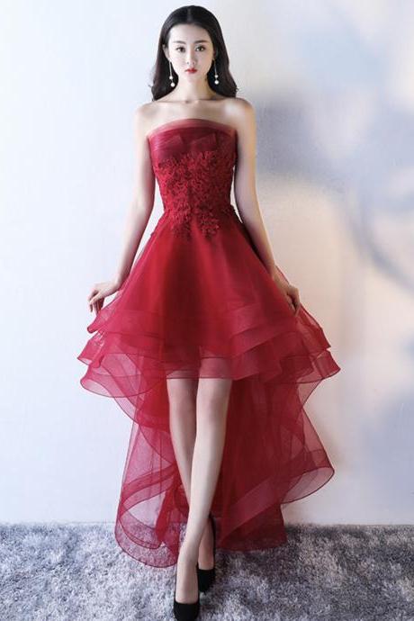 Burgundy Lace High Low Prom Dress Party Dress