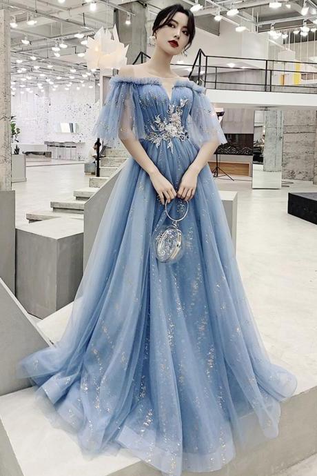 Blue Tulle Lace Long Prom Dress A Line Evening Gown