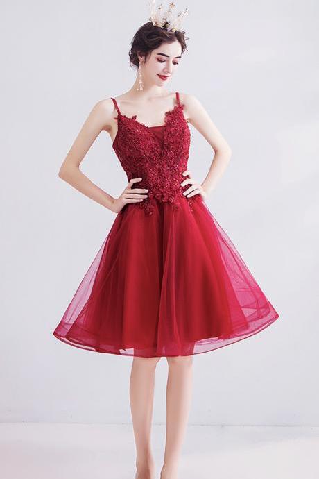 Red V Neck Lace Short Prom Drss Cocktail Dress