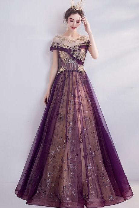 Purple Tulle Sequins Long Prom Dress A Line Evening Gown