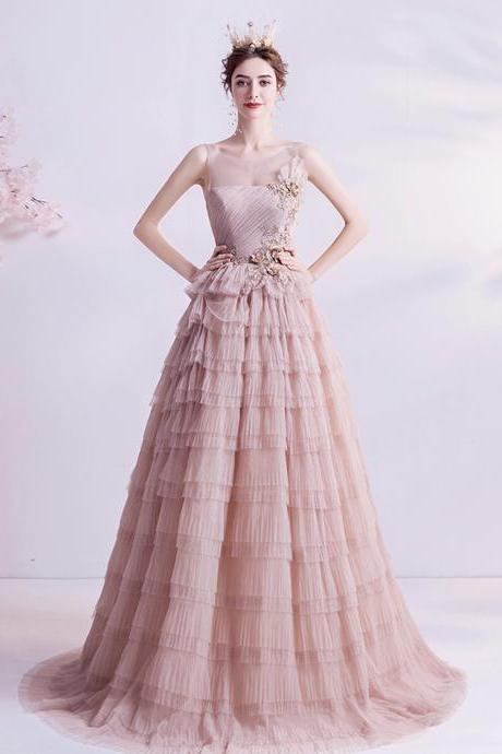 Pink Tulle Lace Long Prom Dress A Line Evening Gown