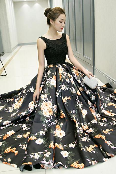 Black Floral Pattern Long A Line Prom Dress Black Evening Dress