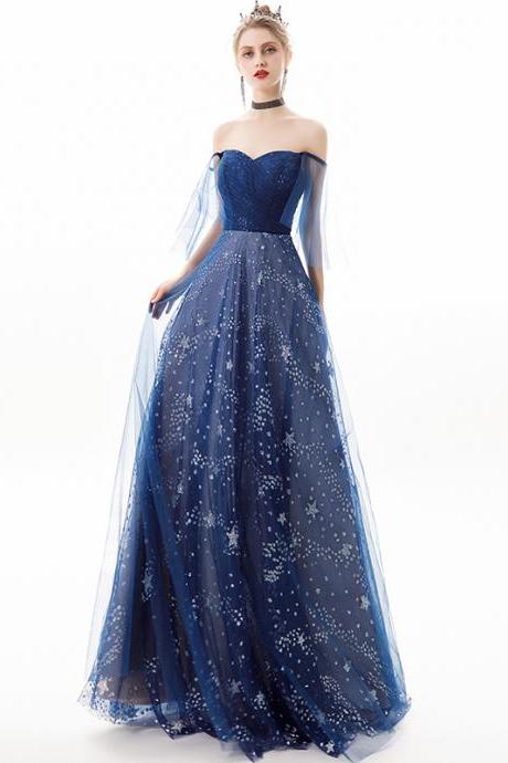 Blue Tulle Long A Line Prom Dress Blue Evening Gown