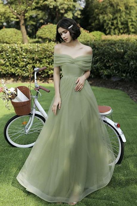 Green Tulle Long A Line Prom Dress Bridesmaid Dress