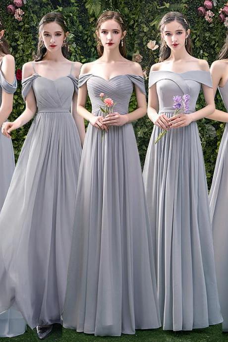 Gray Chiffon Long A Line Prom Dress Bridesmaid Dress