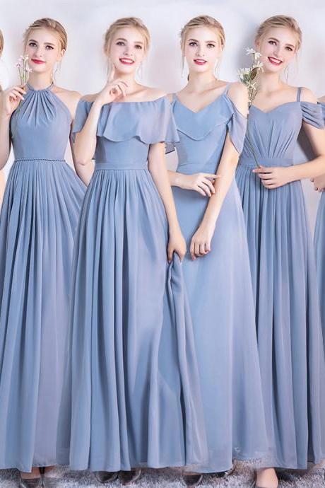 Blue Chiffon Long A Line Prom Dress Bridesmaid Dress
