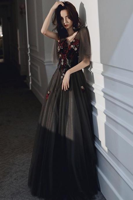 Black V Neck Tulle Sequins Long Prom Dress Evening Dress