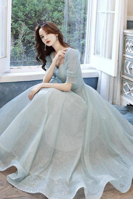 Blue Tulle Sequins Prom Dress A Line Evening Dress