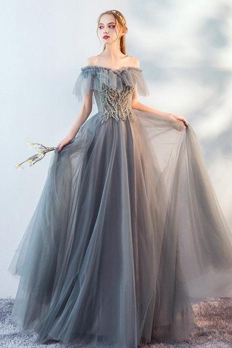 Gray Tulle Lace Long Prom Dress A Line Evening Gown