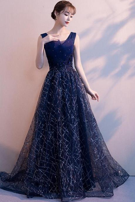 Blue V Neck Tulle Sequins Long Prom Dress Blue Evening Gown