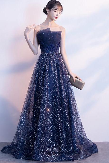 Blue Tulle Sequins Long Prom Dress Blue Evening Gown