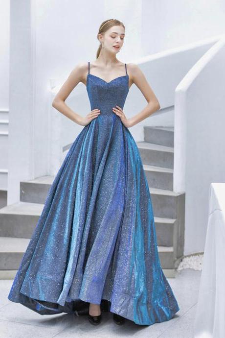 Simple V Neck Long Prom Dress Blue Evening Gown