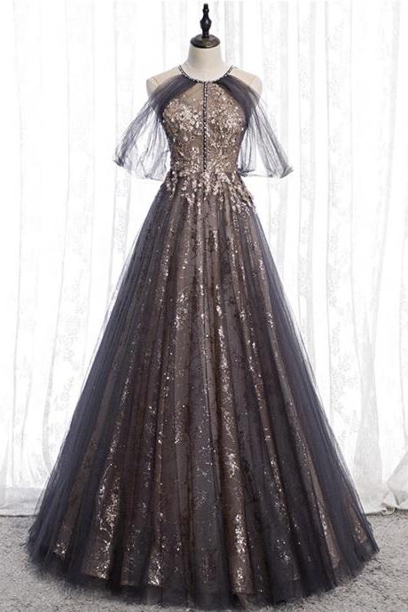 Stylish Tulle Sequins Long Prom Dress Evening Gown