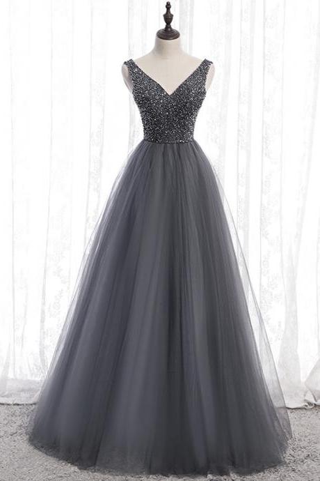 Gray Tulle Beads Long Prom Dress A Line Evening Gown