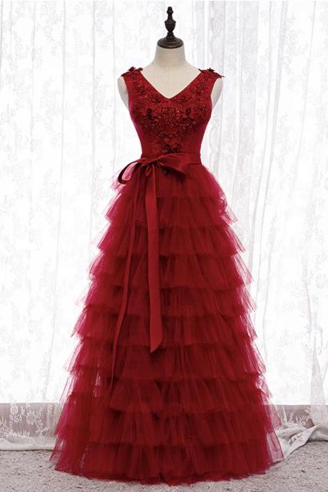 Burgundy V Neck Tulle Lace Long Prom Dress A Line Evening Gown