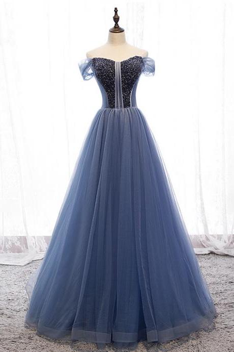 Blue Tulle Beads Long Prom Dress A Line Evening Gown