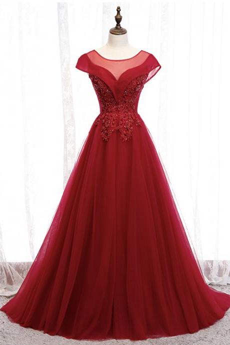 Red Tulle Beads Long Prom Dress A Line Evening Dress