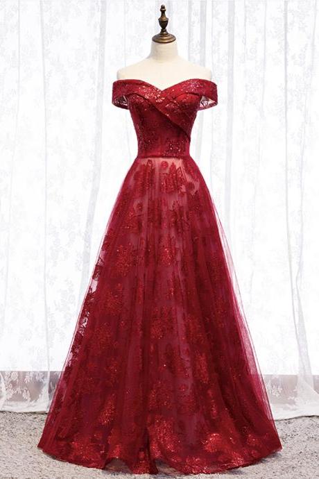 Red Tulle Sequins Long Prom Dress A Line Evening Dress