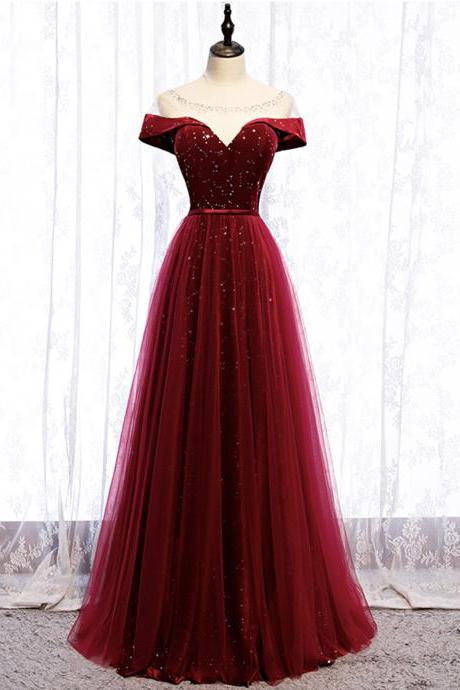 Burgundy Velet Tulle Long Prom Dress A Line Evening Dress