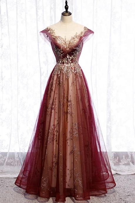 Stylish Tulle Sequins Long Prom Dress A Line Evening Gown