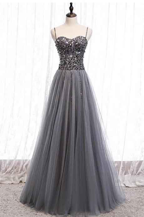 Gray Tulle Sequins Long Prom Dress A Line Evening Gown