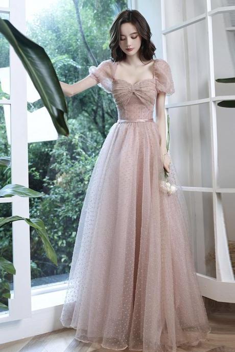 Pink Tulle Long A Line Prom Dress Pink Evening Gown