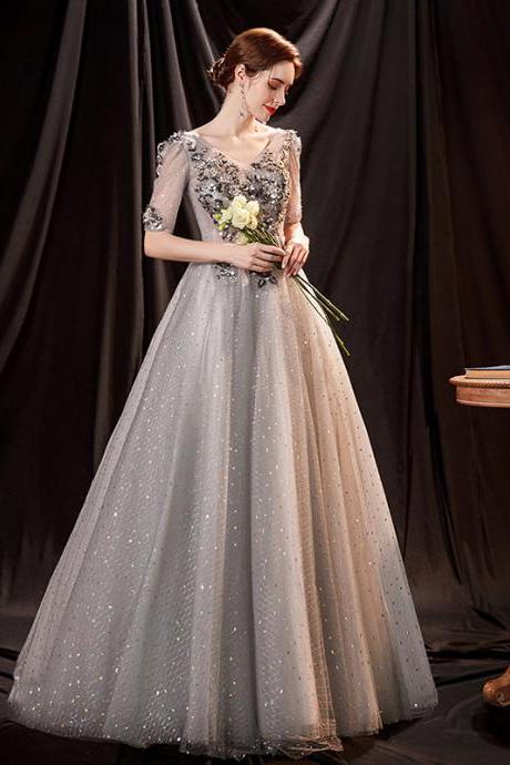 Gray Tulle Sequins Long Ball Gown Dress A Line Evening Gown