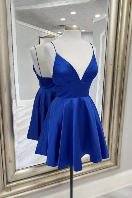 Blue Satin Short Prom Dress A Line Party Dress