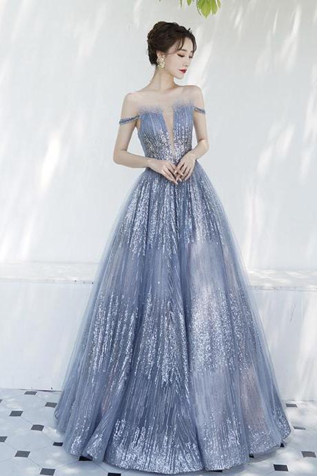 Blue Tulle Sequins Long Prom Dress A Line Evening Gown