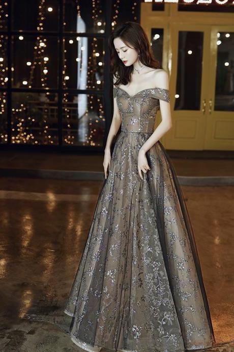 Black Tulle Sequins Long Prom Dress A Line Evening Gown