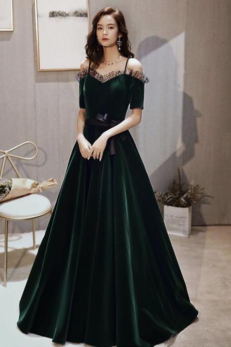 Green Velvet Long Prom Dress A Line Evening Gown
