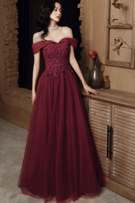 Burgundy Lace Beads Long Prom Dress Evening Dress