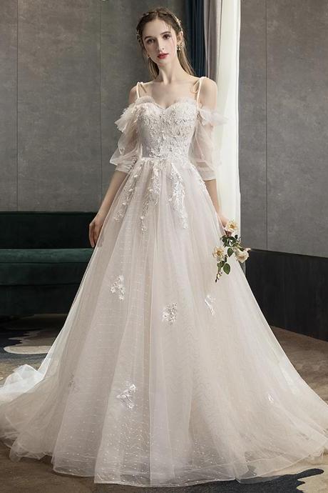 White Tulle Lace Long Prom Gown A Line Evening Gown