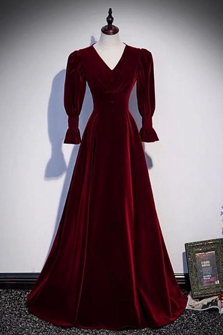 Burgundy Velvet Long Sleeve Prom Dress Evning Dress