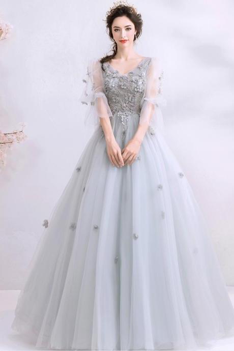 Gray Tulle Applique Long Prom Dress Evening Gown
