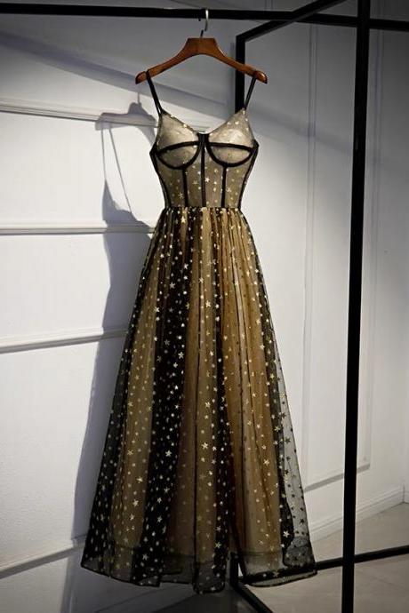 Cute V Neck Tulle Long Prom Dress With Stars Evening Gown