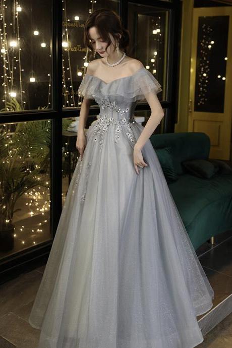 High Quality Tulle Long Prom Gown Gray A Line Evening Gown