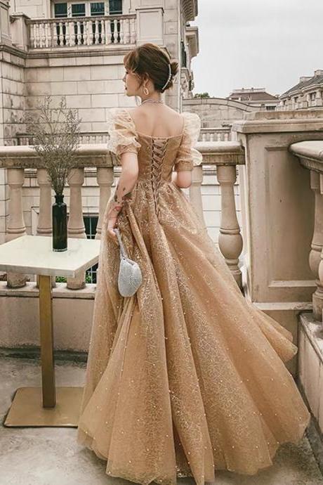 Gold Tulle Long Prom Dress A Line Evening Dress