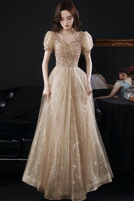 Gold Tulle Beads Long Prom Dress A Line Evening Gown