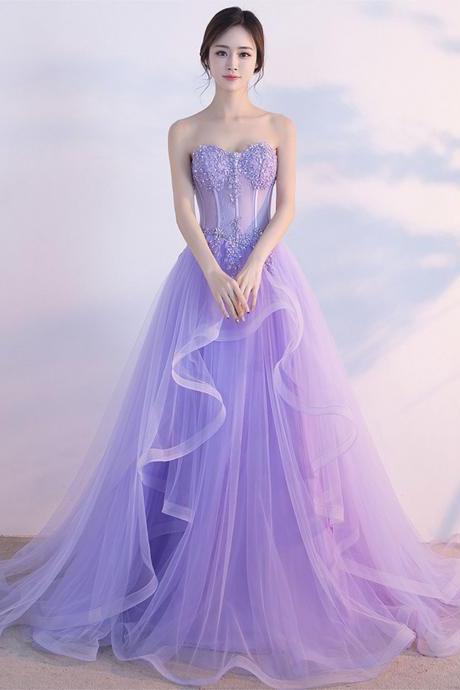 Purple Tulle Lace Long Prom Dress A Line Evening Gown