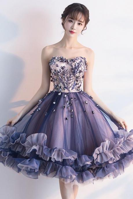 Purple tulle lace short prom dress A line homecoming dress cocktail dress