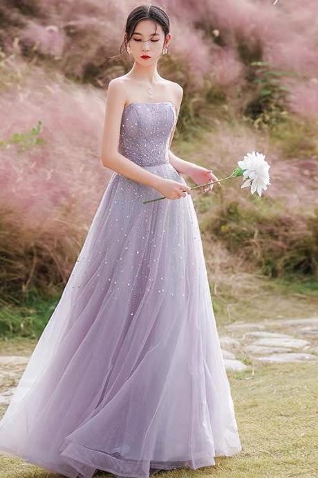 Purple Tulle Beads Long Prom Dress A Line Evening Gown