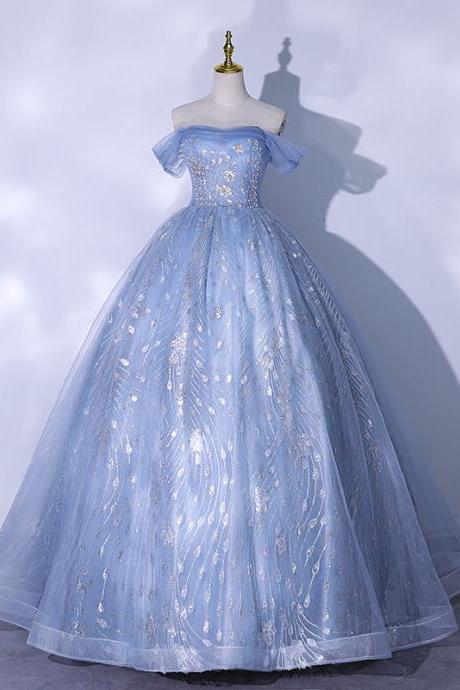 Blue Tulle Sequins Long Ball Gown Dress Formal Gown