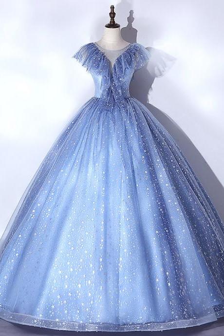 Blue Tulle Long Ball Gown Dress Blue Evening Dress