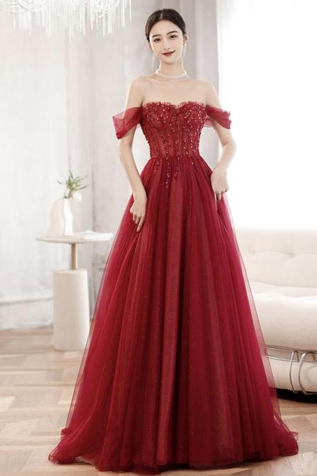 High Quality Red Tulle Beads Long Prom Dress Red Evening Gown