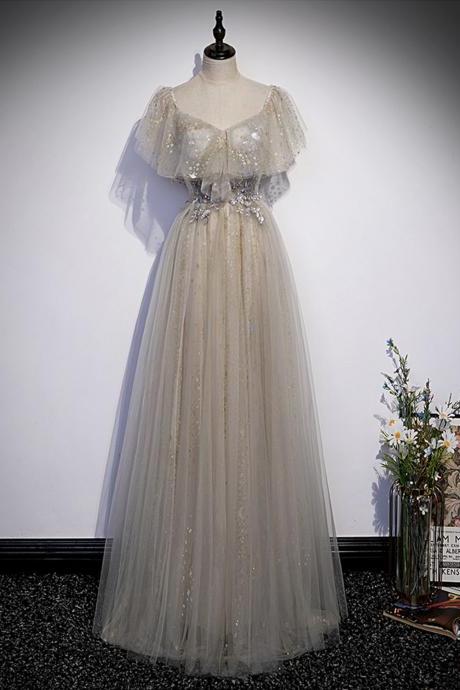 Cute Tulle Sequins Long Prom Dress A Line Evening Dress