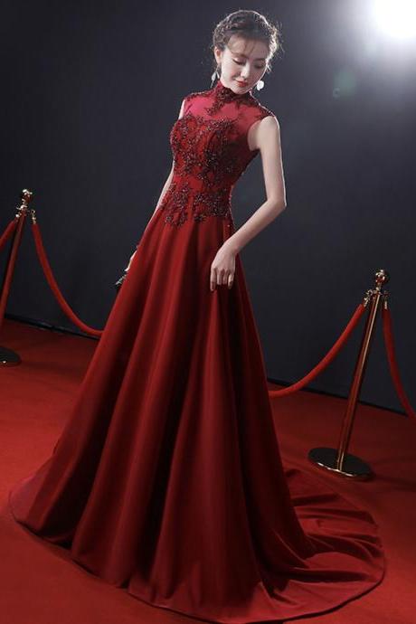 Red High Neck Beads Long Prom Dress A Line Evening Dress