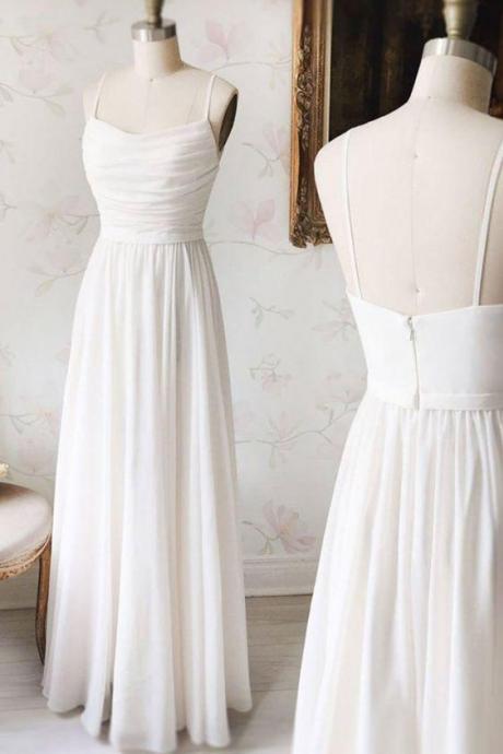 White Chiffon Long Simple Prom Dress White Evening Dress