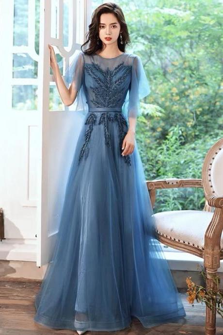 Blue Tulle Lace Long Prom Dress Blue Evening Dress